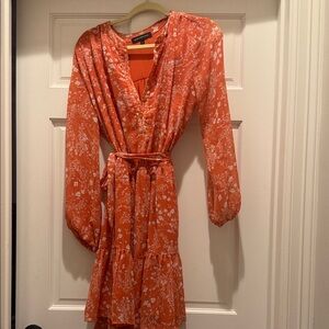 Express Orange Floral Wrap Dress with Tie Waist